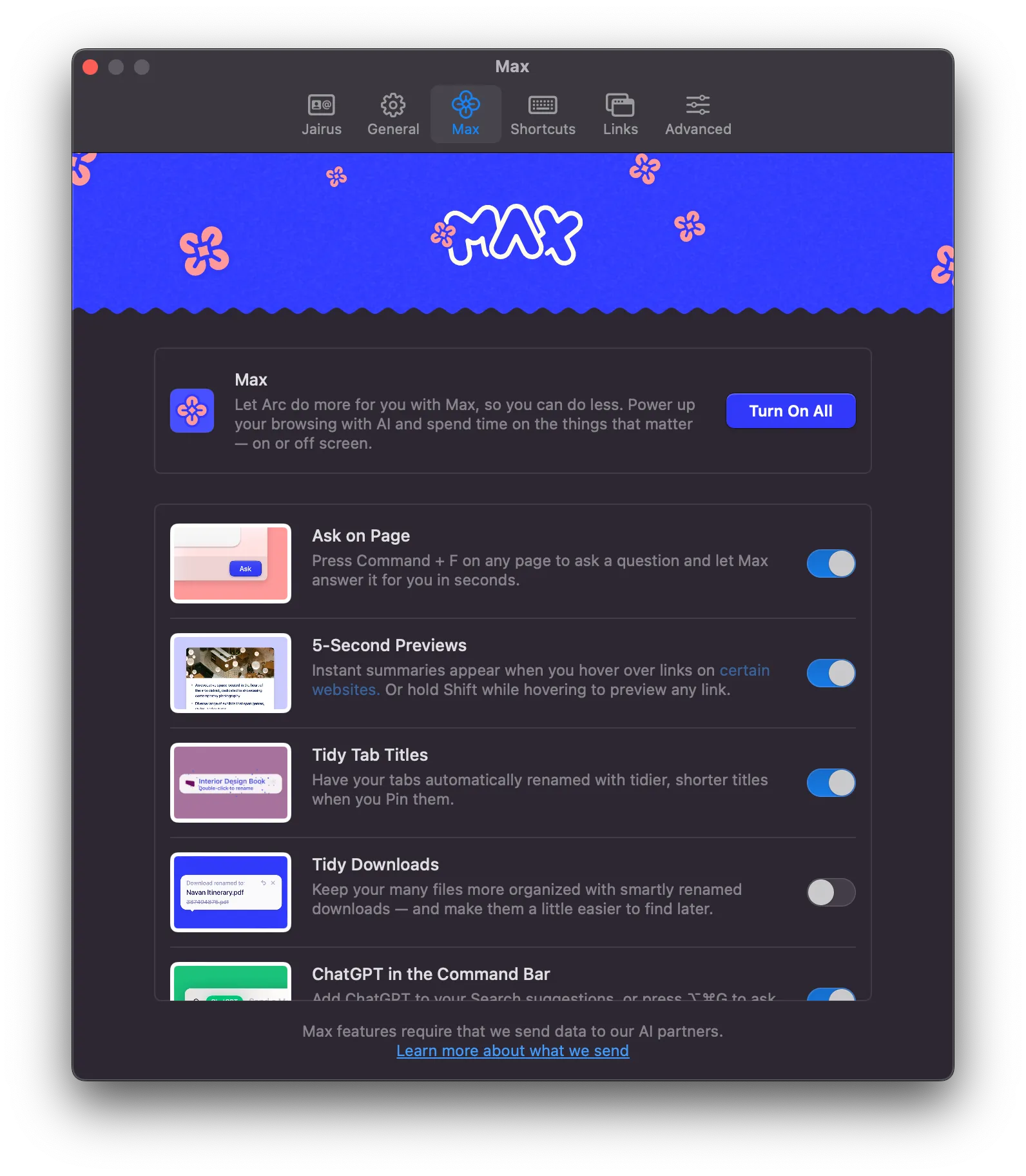 A screenshot of the options for Arc Max